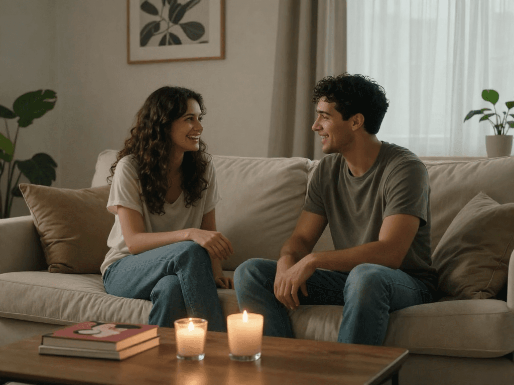 Couple discussing intimacy in a cozy setting, exploring sex ai concepts.