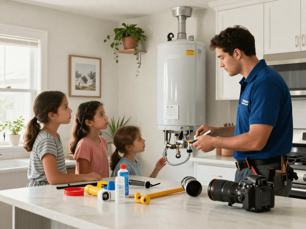 Water heater repair Fort Worth technician assessing a family's emergency plumbing situation in a bright kitchen.