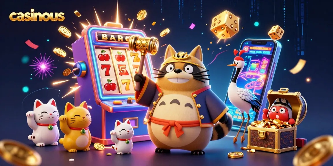 Experience the thrill of casinous mobile casinos with a cheerful tanuki and festive casino elements bursting around!
