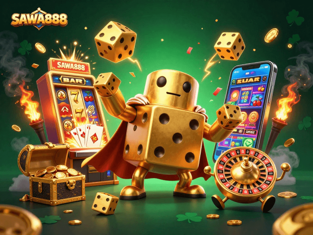SAWA888 players enjoy vibrant 3D casino action with gold coins flying and slots bursting with jackpots.