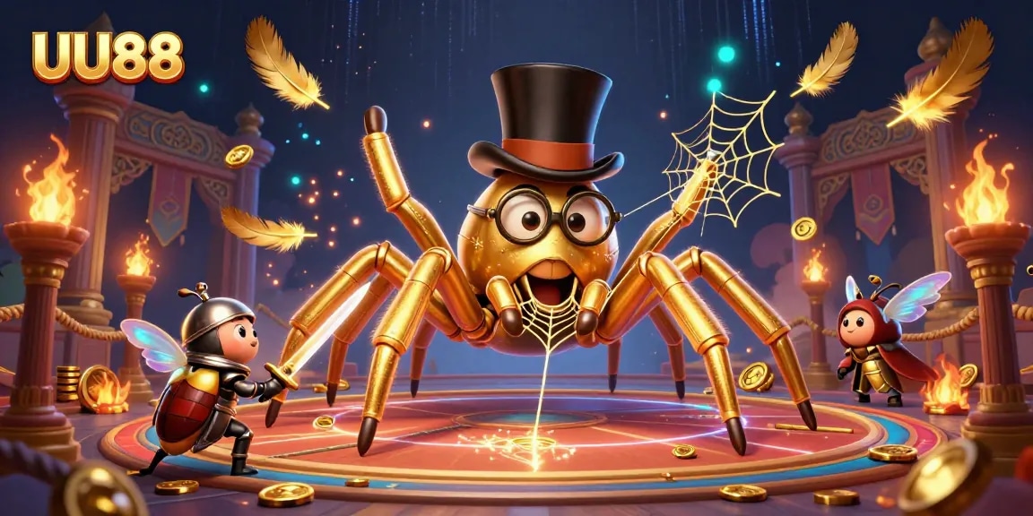 UU88 features a dynamic scene with a giant golden tarantula and beetle knight amidst casino elements, enhancing gaming excitement.