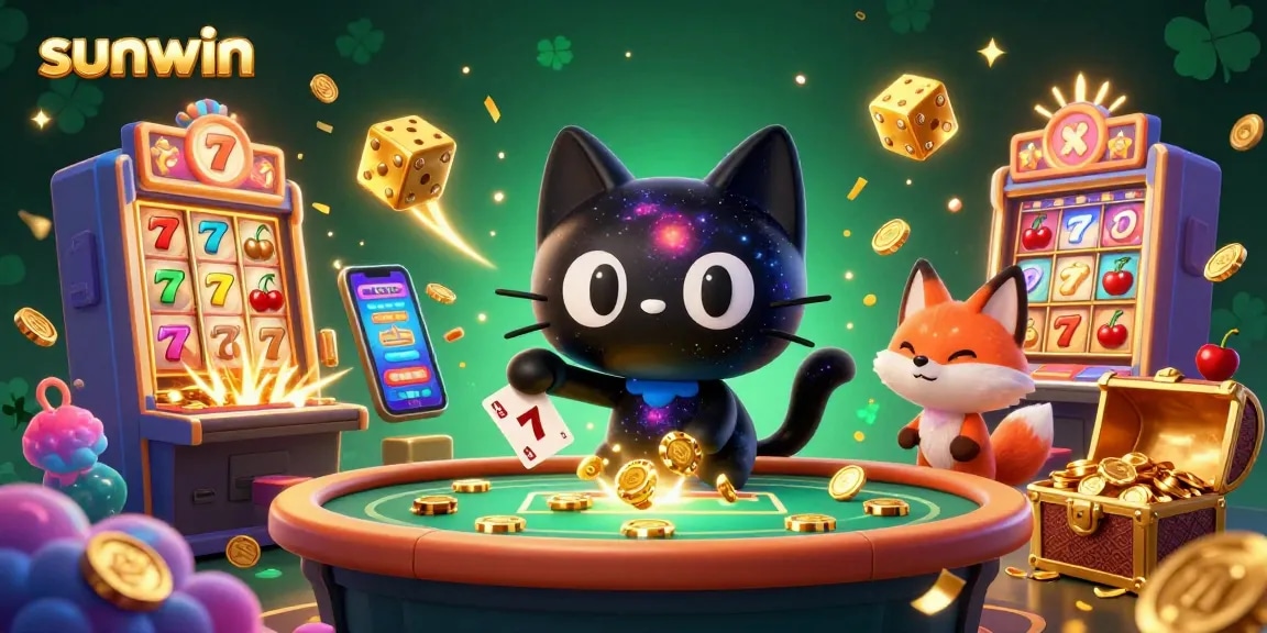Experience thrilling wins at Sunwin with a cosmic casino scene featuring engaging slot action and vibrant characters.