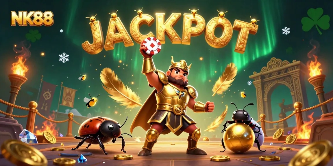 Experience thrilling victories at NK88 with a heroic beetle celebrating a jackpot in a dynamic casino scene.