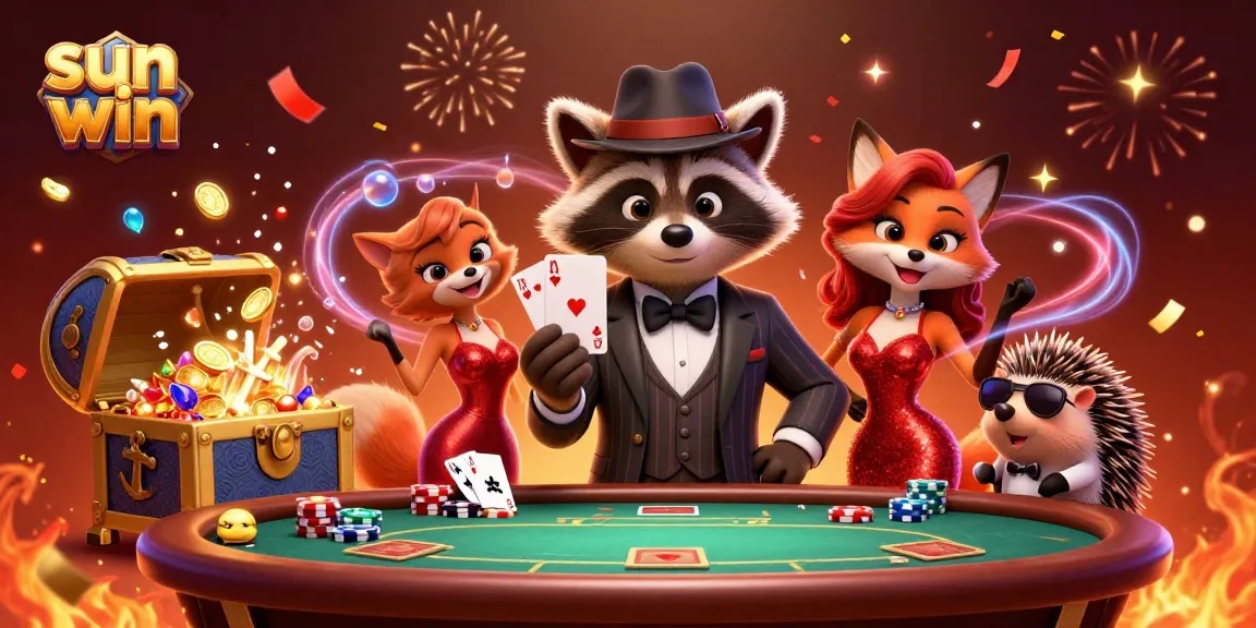 Experience thrilling poker action with sun win, featuring a raccoon and fox in an exciting casino scene