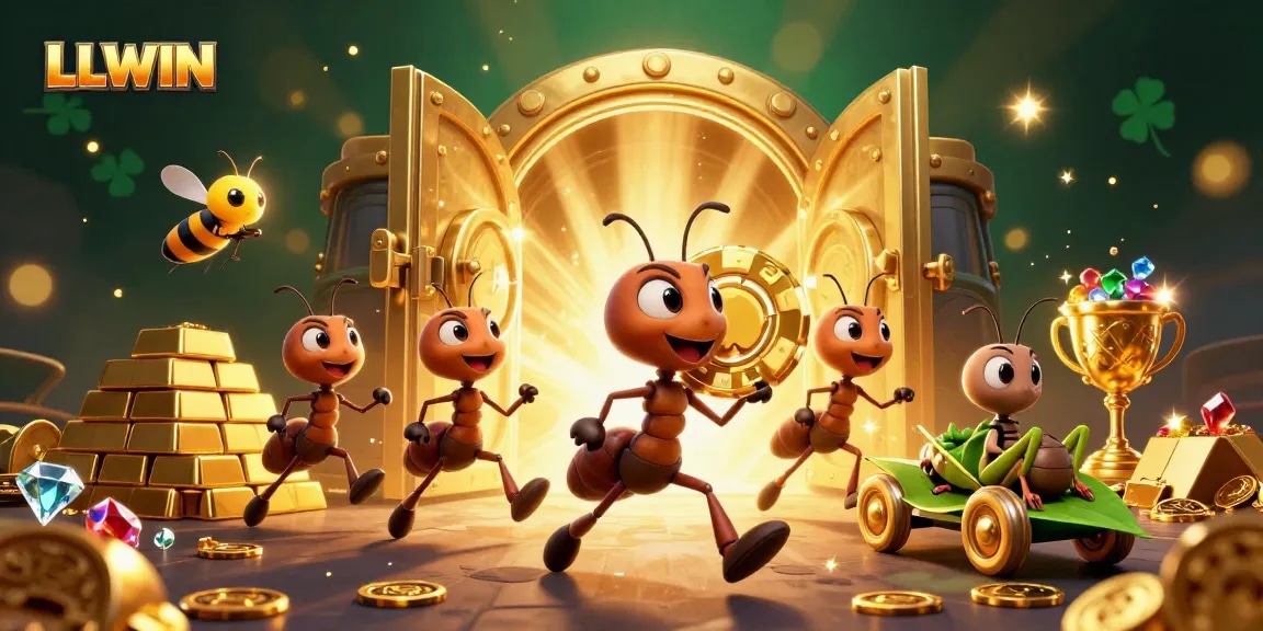 LLWIN team of ants carrying a giant poker chip in an exciting heist scene, demonstrating thrilling casino action.