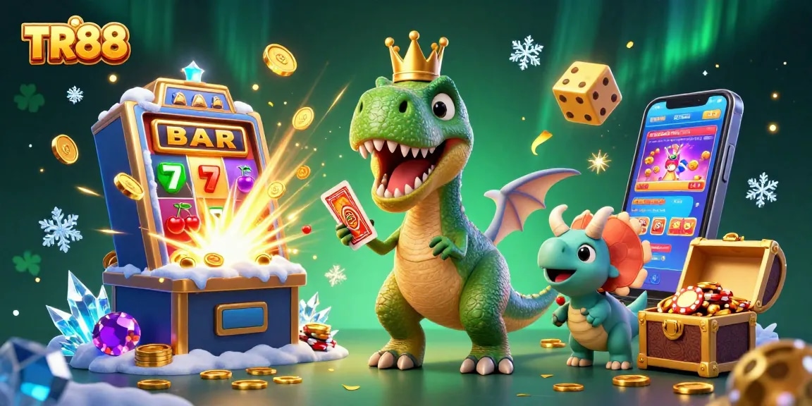 Experience TR88's thrilling gaming dynamics with friendly dinosaur characters amid vibrant casino elements.