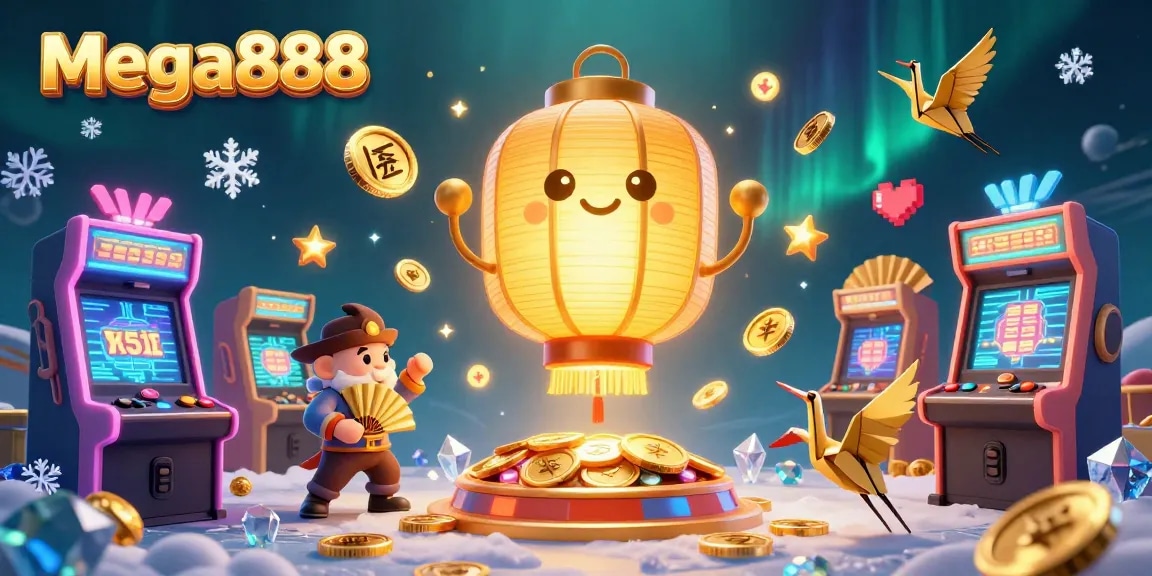 Experience the excitement of mega888 slots in a vibrant 3D casino illustration filled with golden symbols.