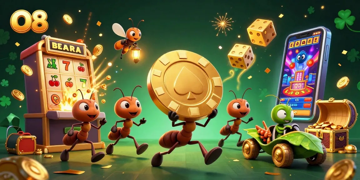 O8 leads a thrilling heist with adorable ants stealing a giant poker chip amidst exciting casino elements.