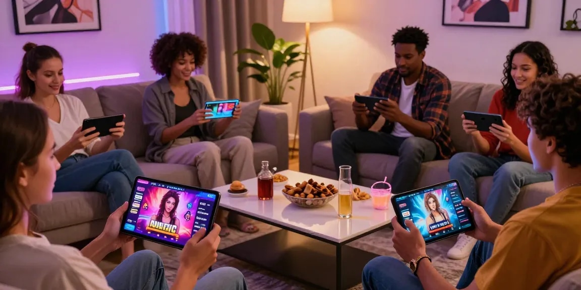 Engaged adults playing mobile porn games in a vibrant living room setting