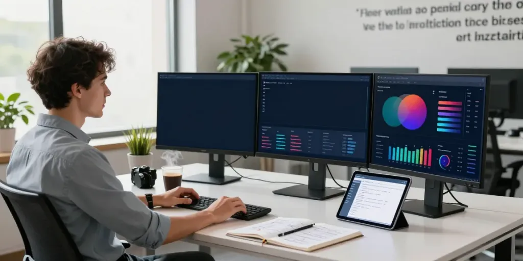 Instant indexing strategy session in a modern office with screens showing analytics.
