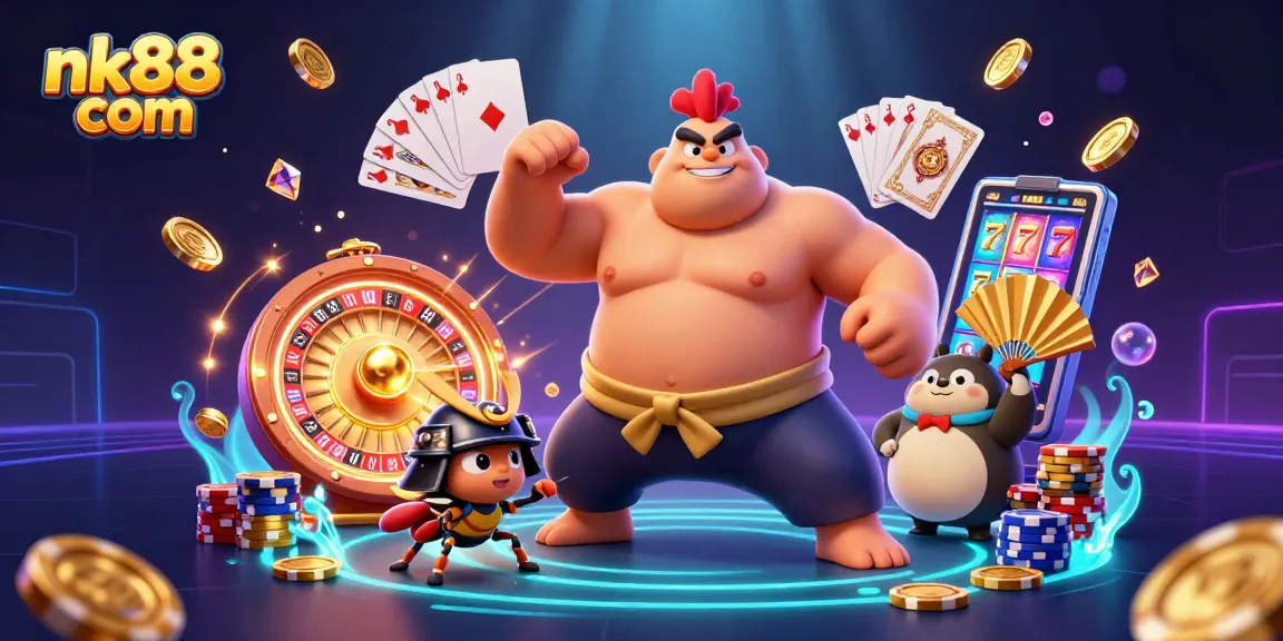 Bet on nk88 com with a fierce competition between sumo rooster and samurai cricket in a vibrant casino scene.
