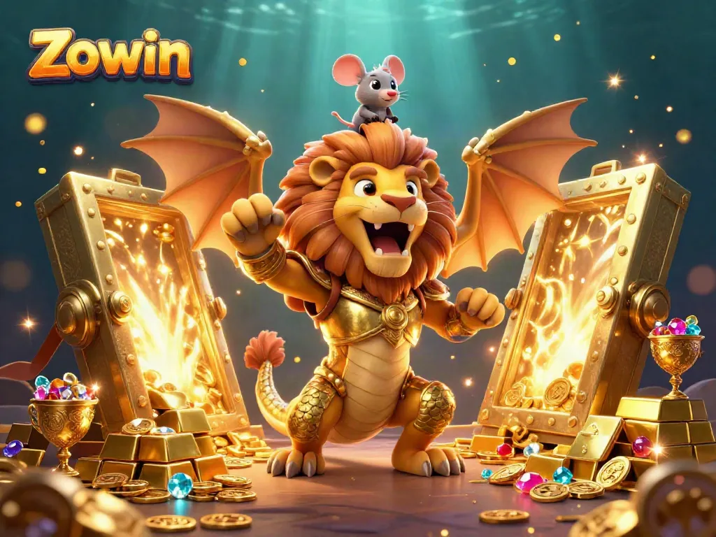 Zowin features a golden chimera and mouse jockey amid treasures, symbolizing winning at the casino.