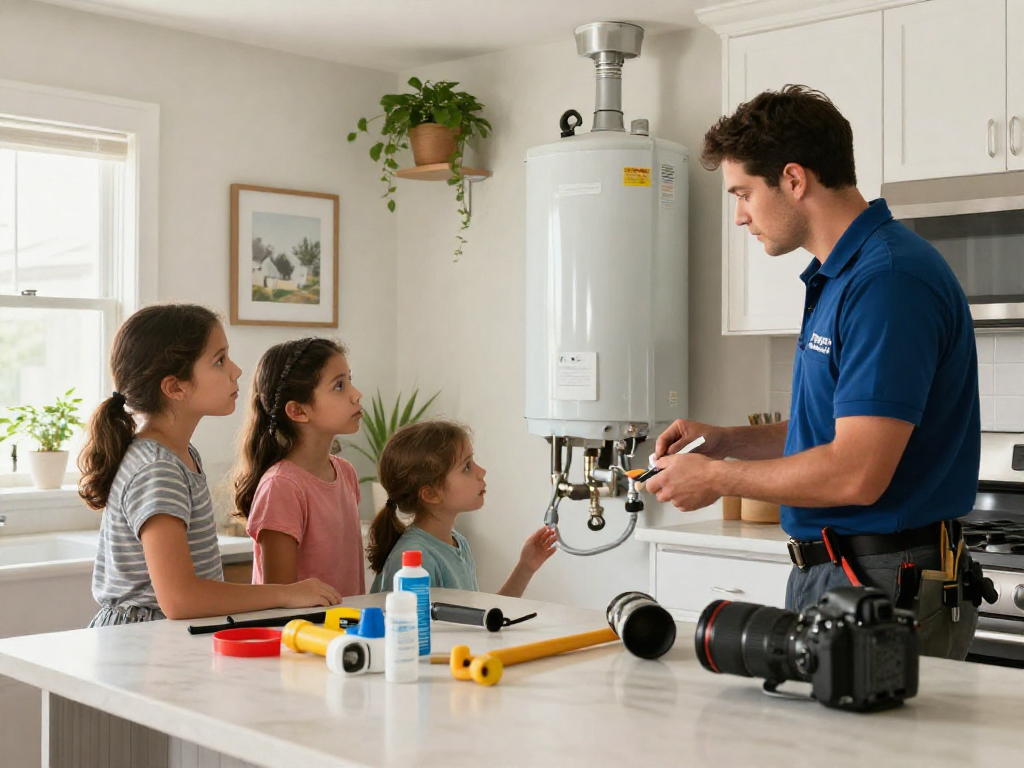 Water heater repair Fort Worth technician assessing a family's emergency plumbing situation in a bright kitchen.