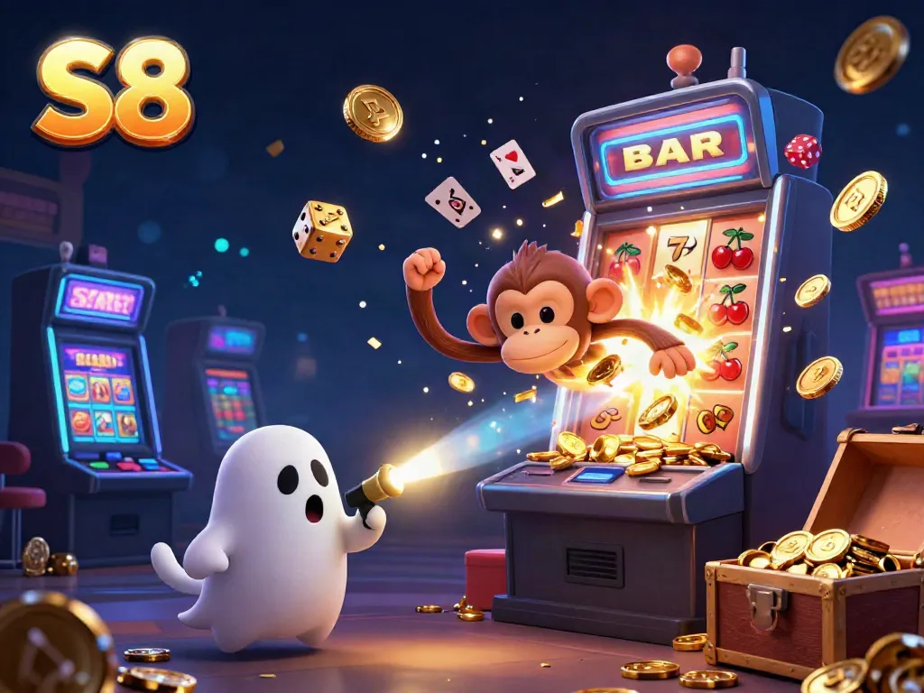 Experience thrilling casino adventures with S8 in this colorful 3D slot machine illustration.