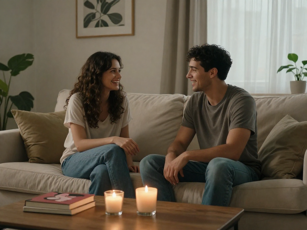 Couple discussing intimacy in a cozy setting, exploring sex ai concepts.