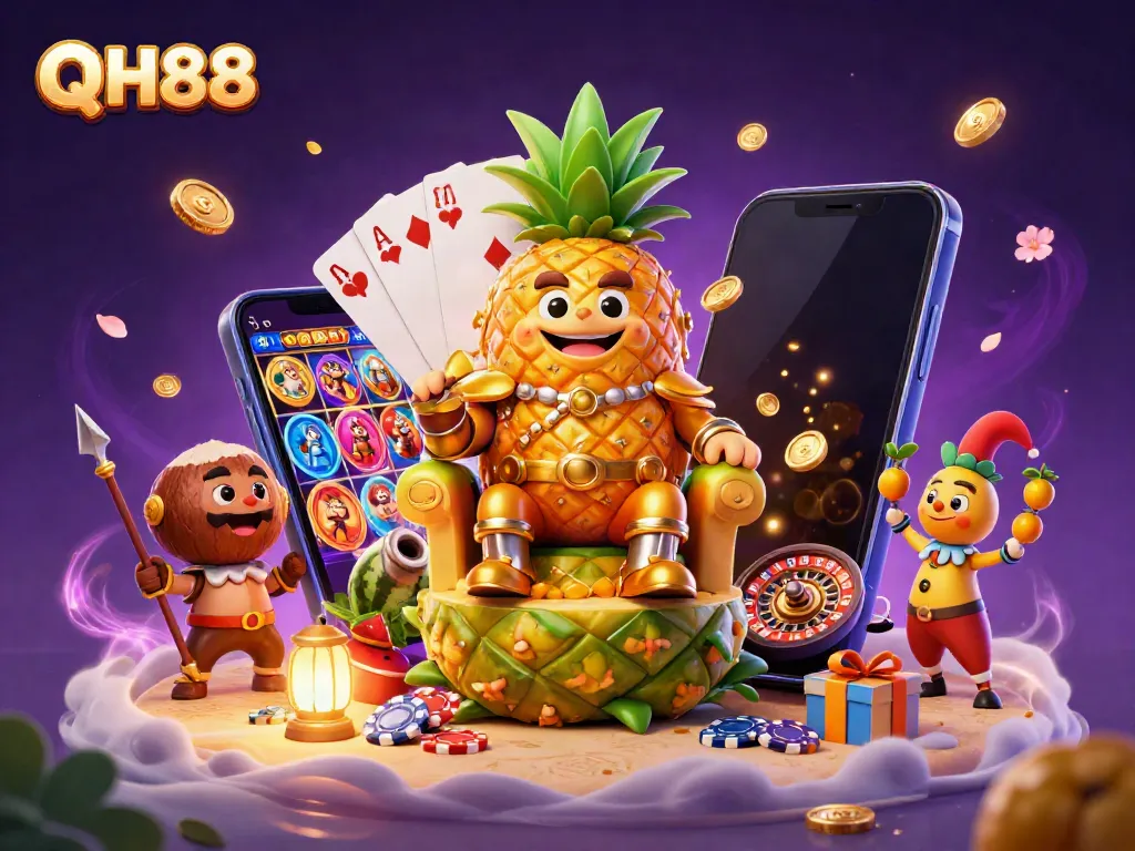 Engage with QH88, featuring a golden pineapple king on a casino throne with vibrant gaming elements.