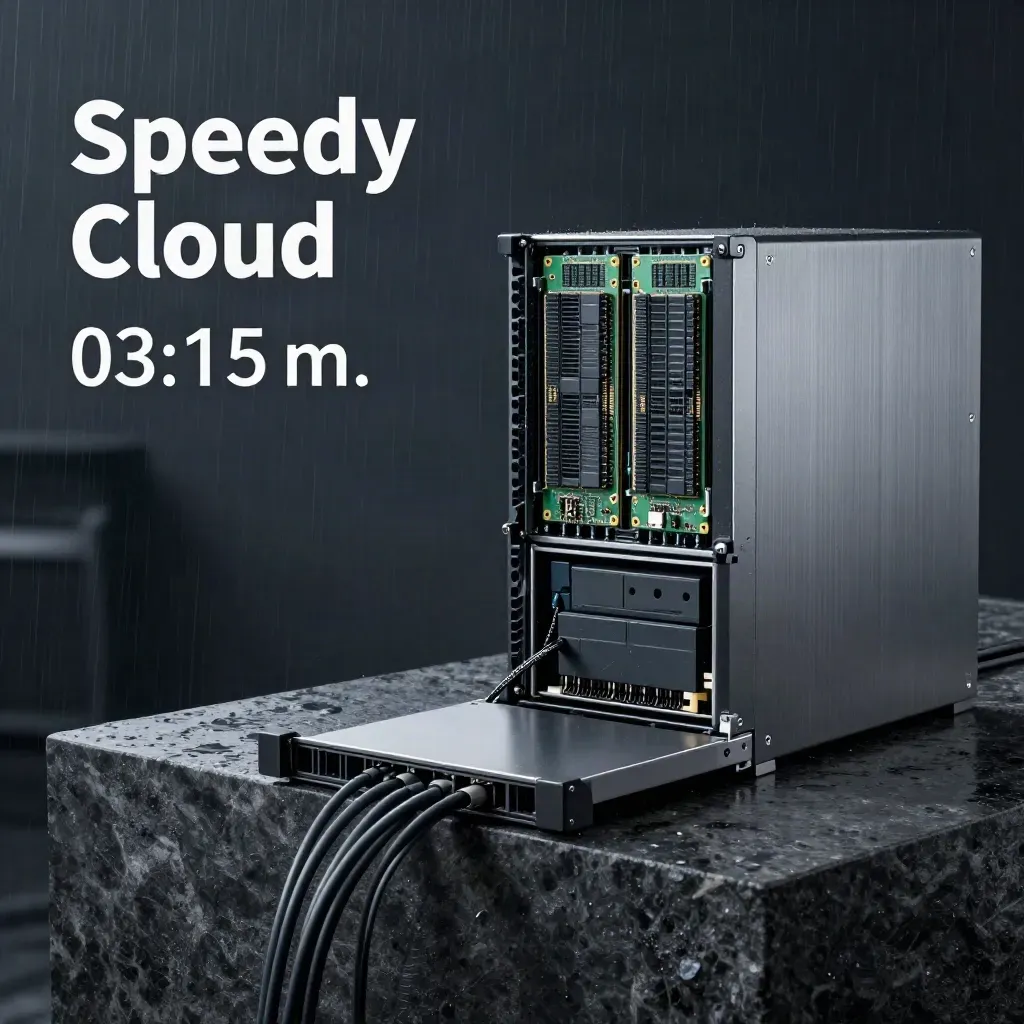 Server hardware hero on stone in rain, with drive modules, UPS unit, and cables.