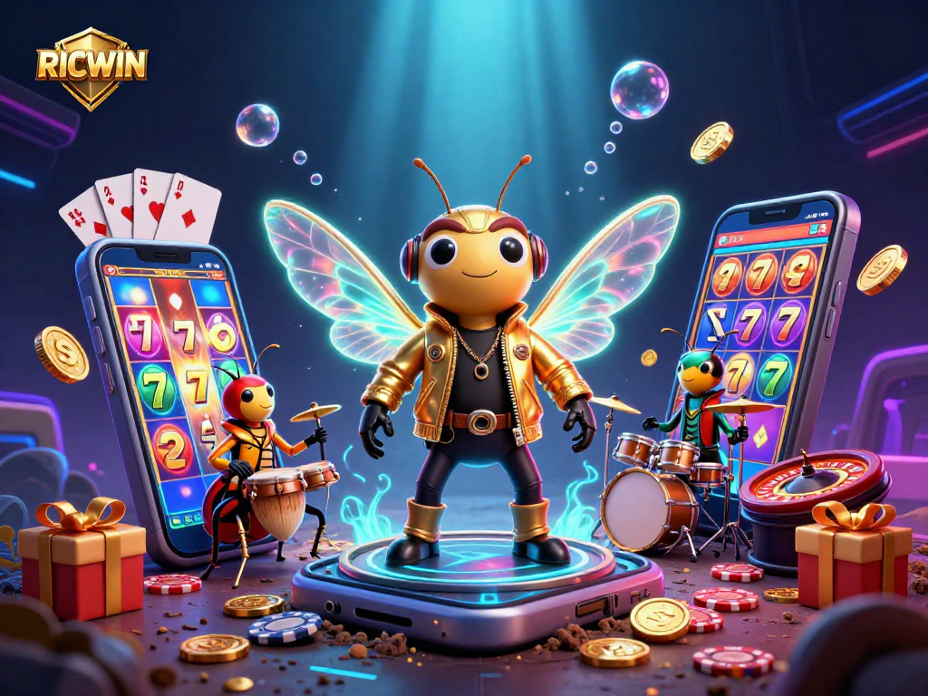 Engage with RICWIN's dynamic casino scene featuring a rock star cicada and thrilling game elements.