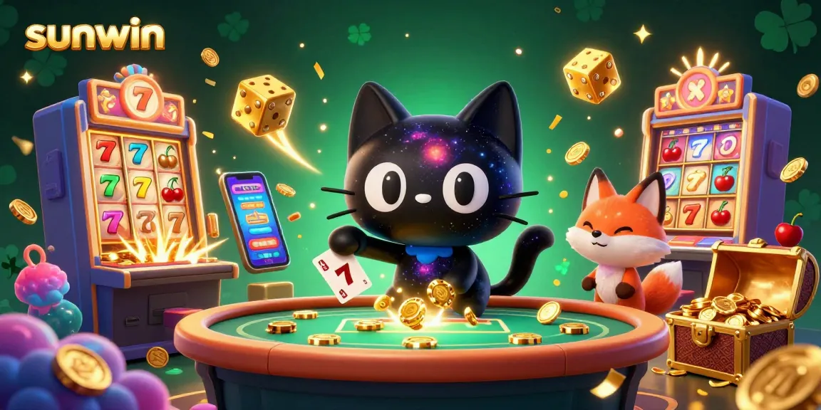 Experience thrilling wins at Sunwin with a cosmic casino scene featuring engaging slot action and vibrant characters.