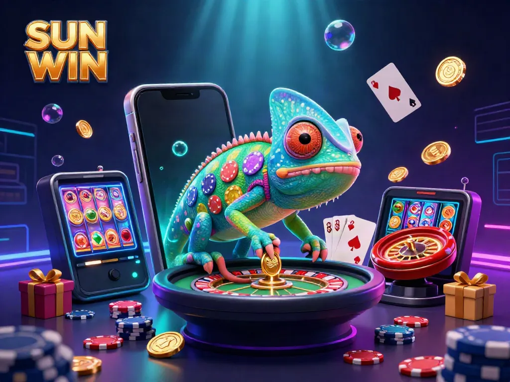 Experience exciting gameplay at SUN WIN with a vibrant chameleon casino owner amidst flying coins and game elements.