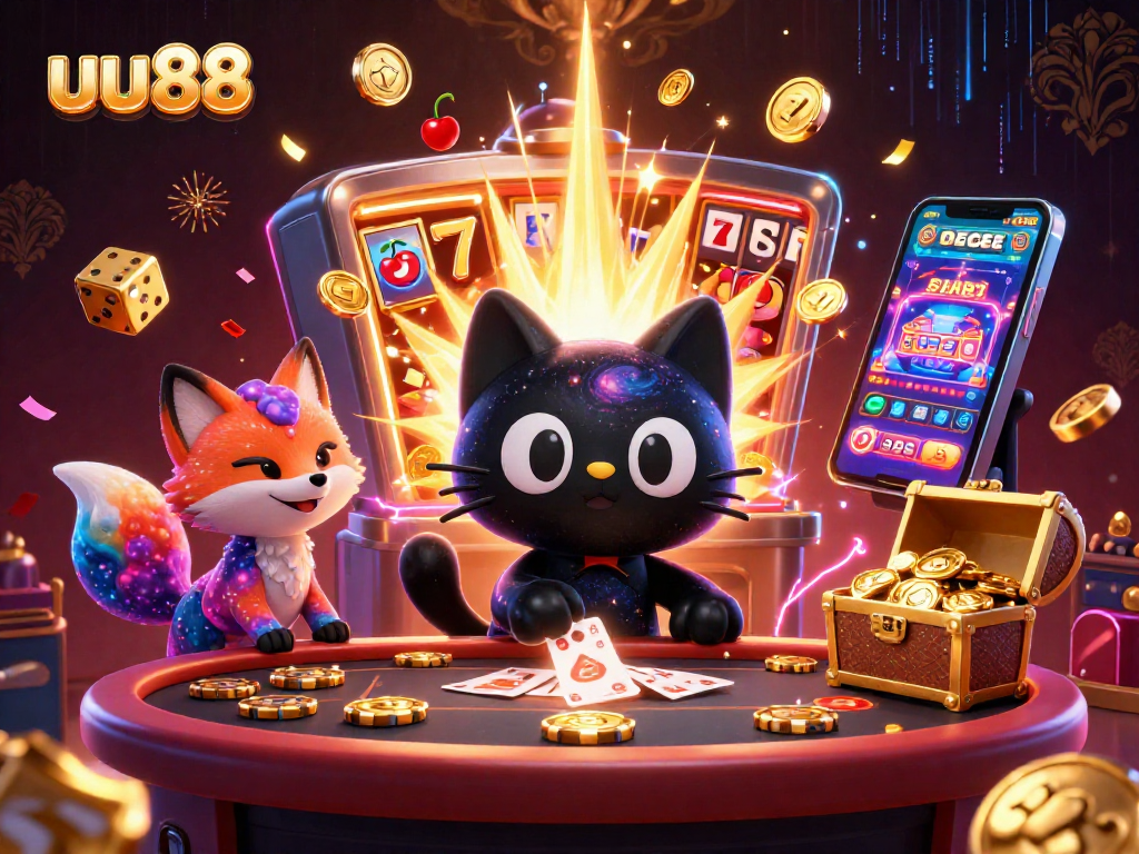 Play exciting games at uu88, featuring cosmic characters and vibrant casino elements in a 3D illustration.