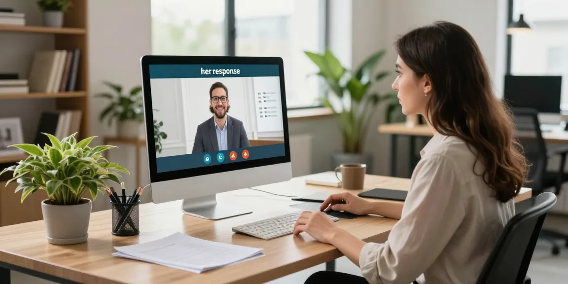 Professional woman on video call discussing "her response" strategies in a modern workspace.