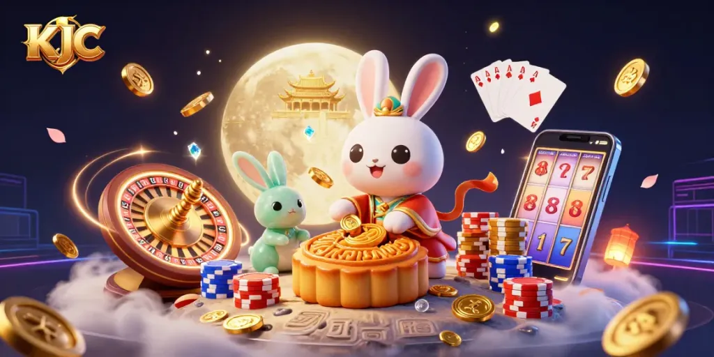 KJC showcases a festive moon rabbit scene filled with poker chips, casino elements, and vibrant coins.