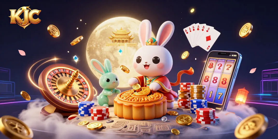 KJC showcases a festive moon rabbit scene filled with poker chips, casino elements, and vibrant coins.