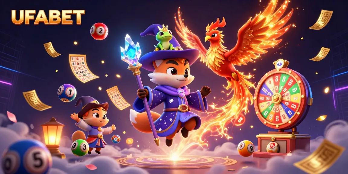 Join the excitement at UFABET with vibrant lottery elements and enchanting characters in this dynamic illustration.