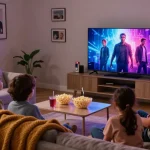 Family enjoying movie night in a modern living room with a mini LED TV displaying vibrant colors.
