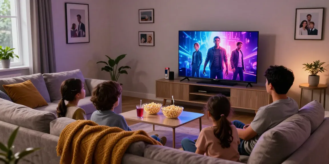 Family enjoying movie night in a modern living room with a mini LED TV displaying vibrant colors.