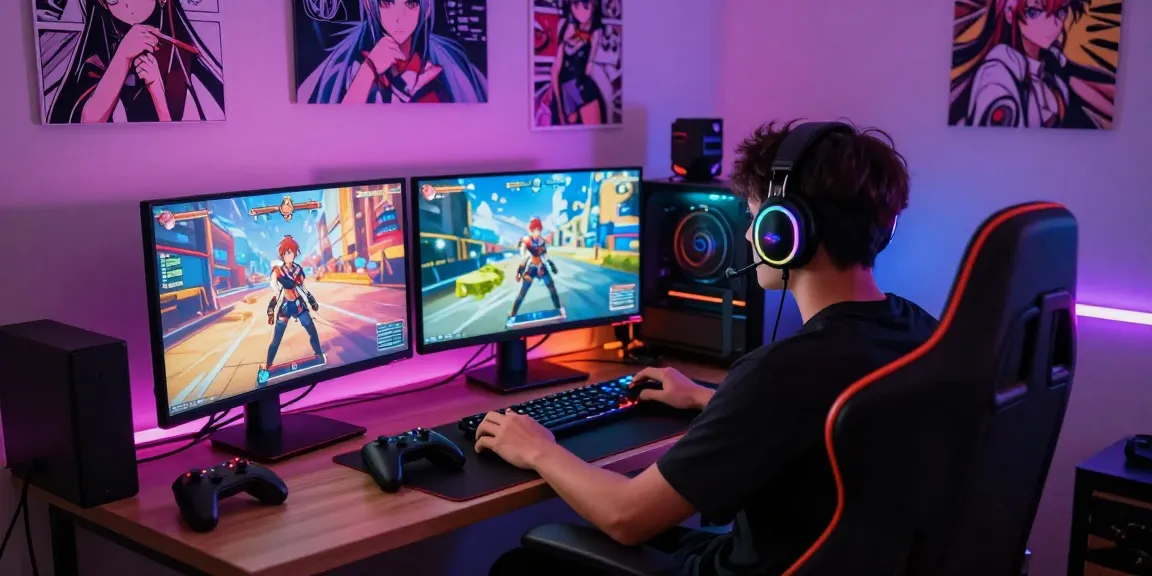 Engaged gamer playing hentai games with vibrant gaming setup and colorful LED lights in an immersive environment.