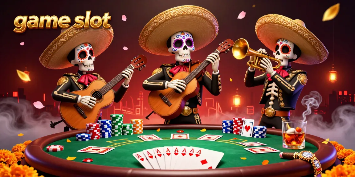 Engage with game slot excitement in a vibrant 3D illustration featuring a lively mariachi band amidst colorful casino elements.