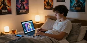 Engaging ai nsfw chat experience in a cozy bedroom, showcasing personalized interactions with AI characters.