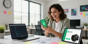 Excited professional downloading WhatsApp下載 on smartphone in a modern workspace.