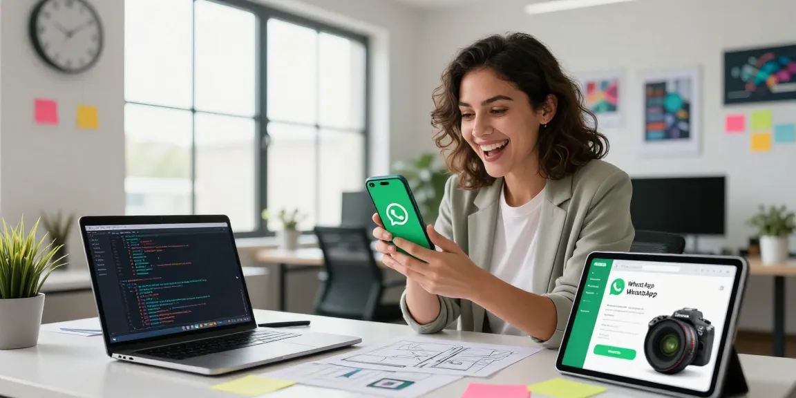 Excited professional downloading WhatsApp下載 on smartphone in a modern workspace.