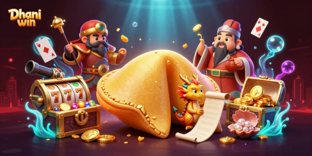 Dhani win engages players with vibrant golden characters surrounded by glimmering treasures and slot elements.
