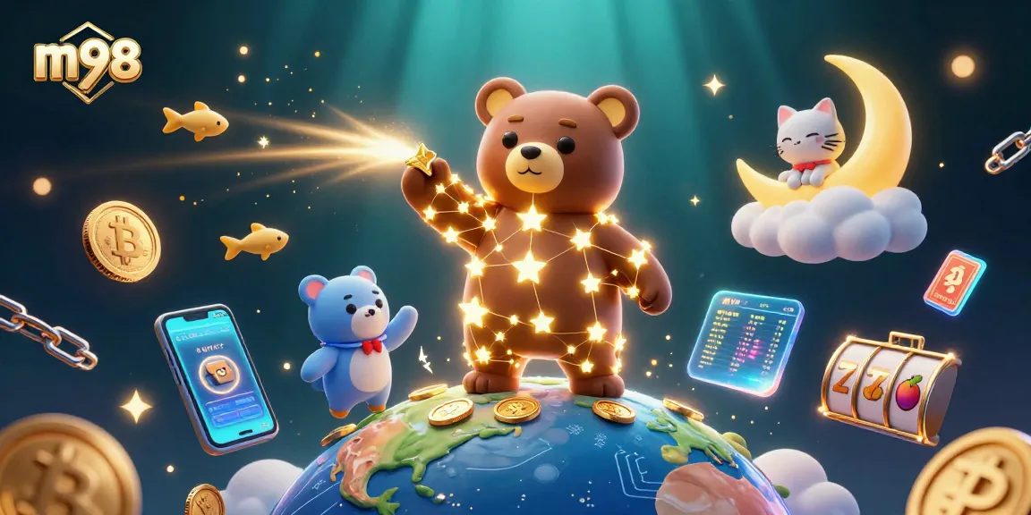 Explore m98 casino adventures with a dazzling bear collecting coins amidst a vibrant gaming world.