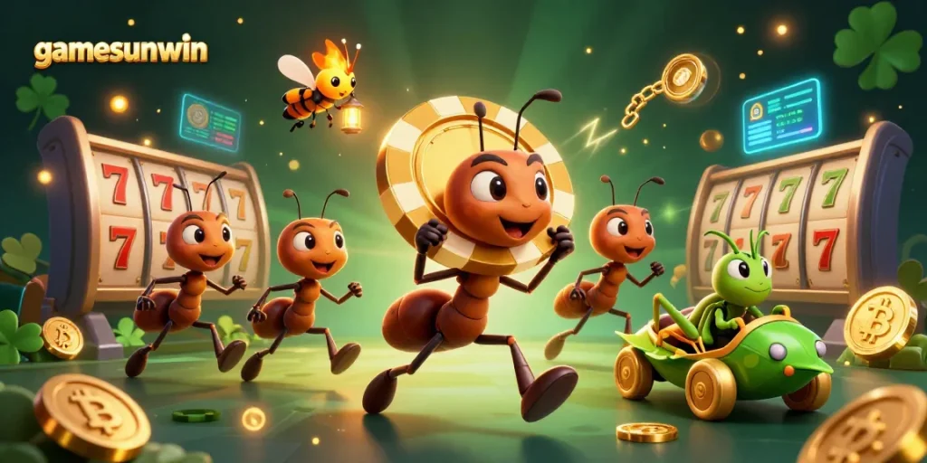 Experience the thrilling world of gamesunwin with a vibrant heist scene featuring ants and crypto coins.