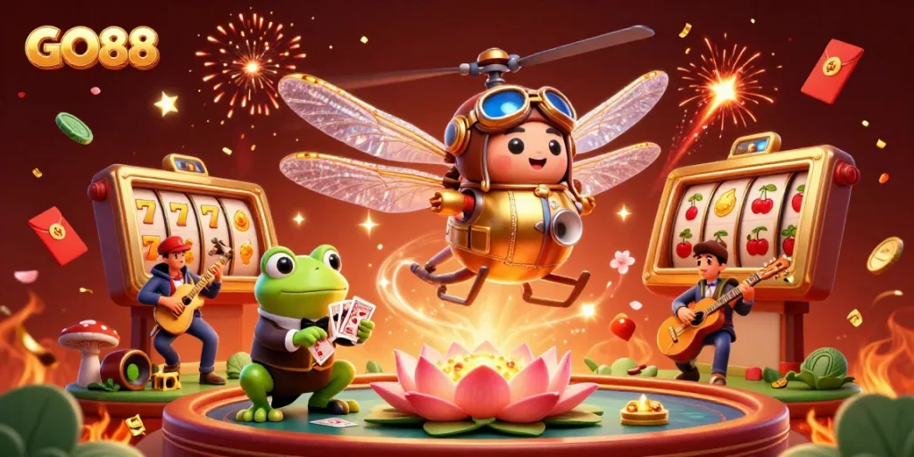 Spin the reels at GO88's vibrant casino scene as a dragonfly pilot oversees the fun!