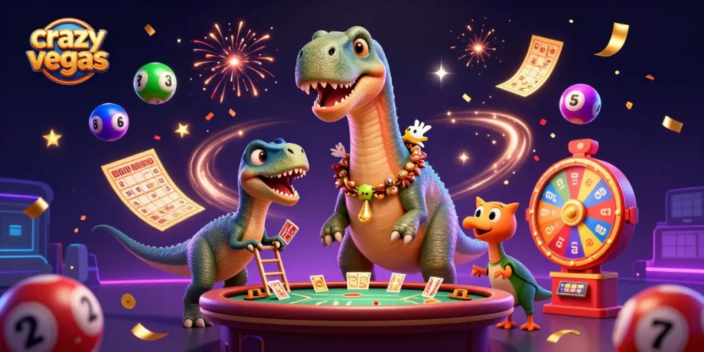 Win big with crazyvegas as a massive brontosaurus oversees a thrilling casino game scene.