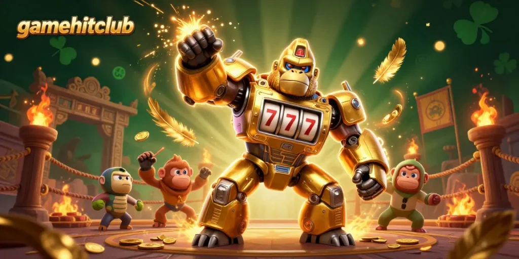 Experience the thrill of gamehitclub with a dynamic jungle-themed casino scene showcasing slot machine elements and vibrant characters.