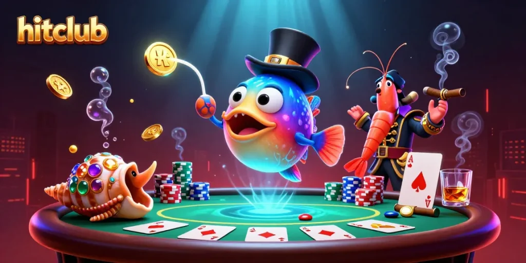 Hitclub showcases a 3D anglerfish attracting coins at a vibrant poker scene with dynamic casino elements.